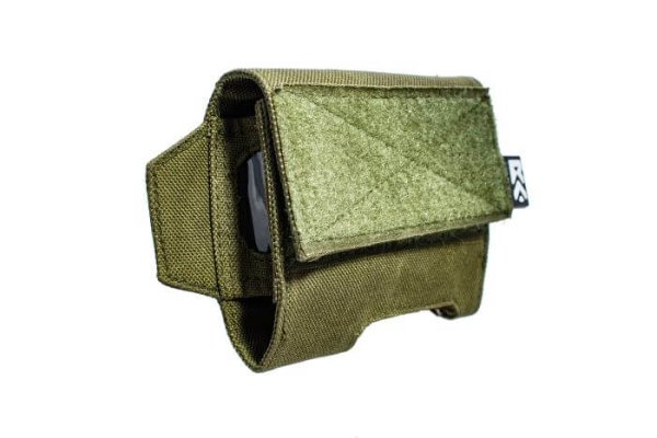 Side view of green ExFog helmet pouch